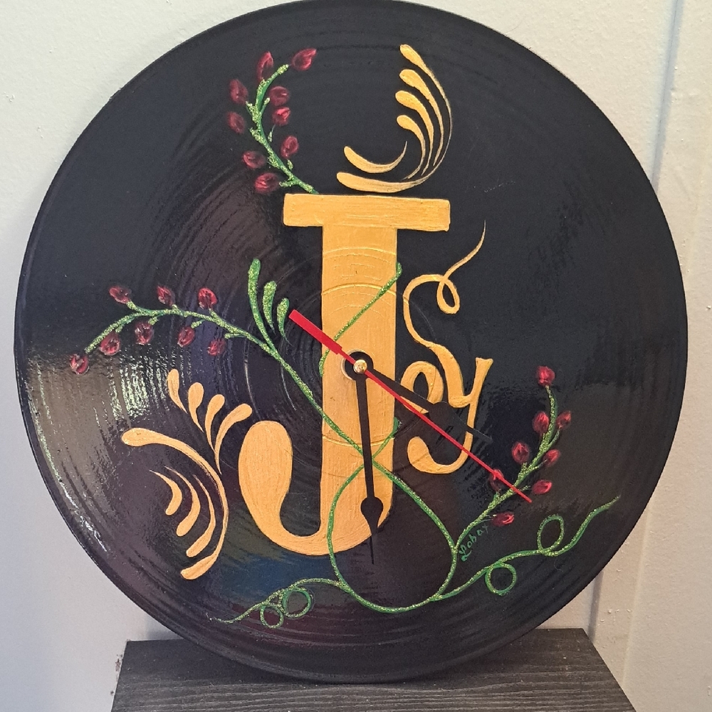 Hand Crafted Painted Decorative Wall Clock Hope Vinyl Record Upcycle Floral